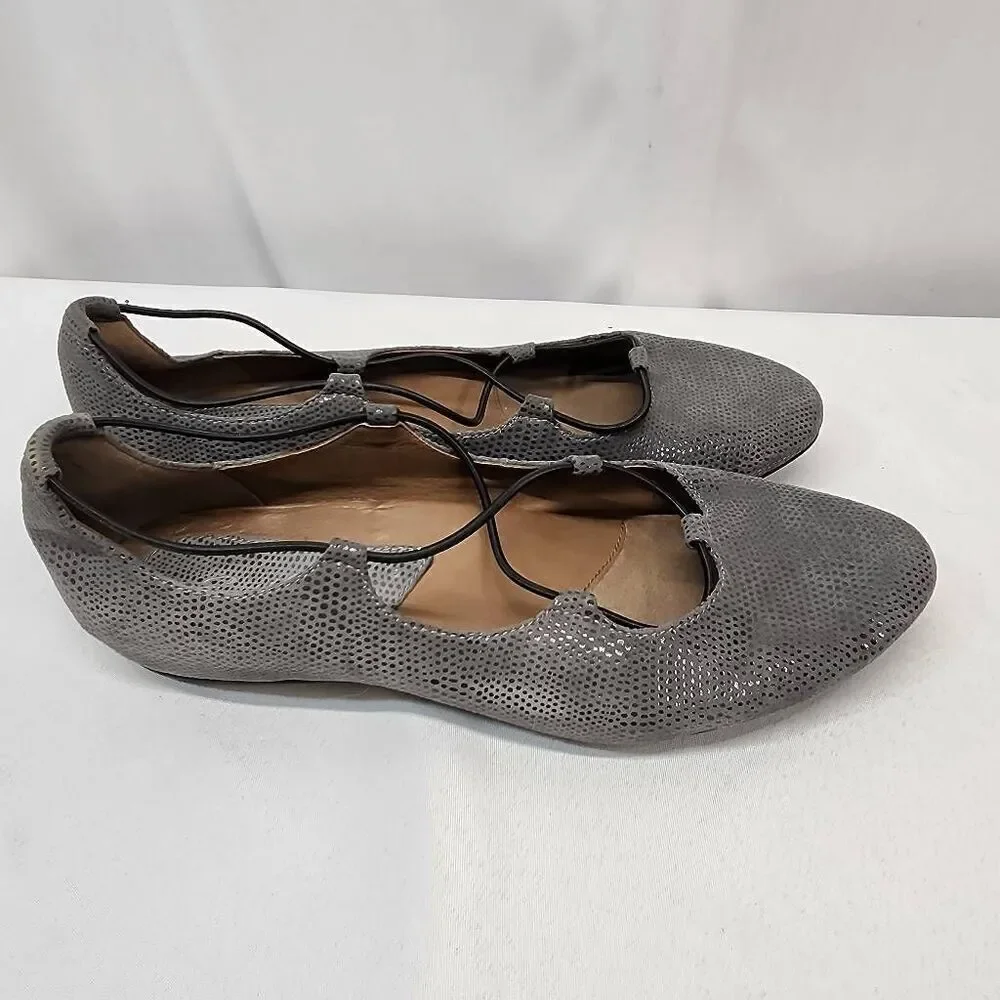Earthies Essen Ballet Flats 12 B Cages Elastic Strap Grey Printed Suede Comfy